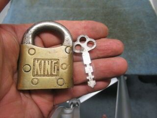 Unusual Small Old Brass Padlock Lock King With A Key.  N/r