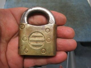 Unusual small old brass padlock lock KING with a key.  n/r 2