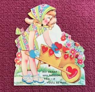 Vintage Valentine Card Mechanical Girl Garden Gardener Flowers Wheelbarrow 1940s