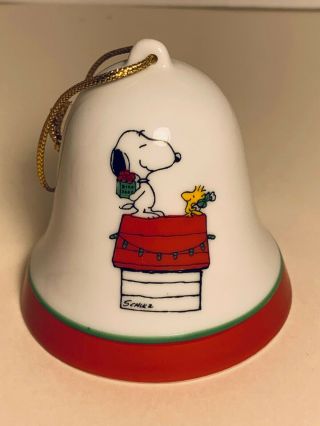 Vintage Peanuts Snoopy Christmas Bell Porcelain Ornament Woodstock