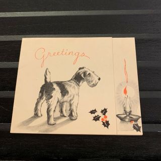 Vintage Greeting Card Christmas Dog Terrier Candle Holly