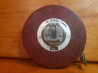 Vintage Lufkin Hw100 - 100 Ft.  White Steel Tape Measure - Red Made In U.  S.  A.