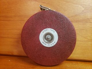 Vintage Lufkin HW100 - 100 ft.  White Steel Tape Measure - RED Made in U.  S.  A. 2