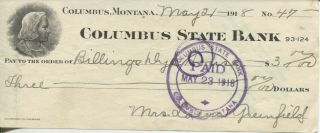 Antique Cancelled Check Columbus State Bank Columbus Montana 1918