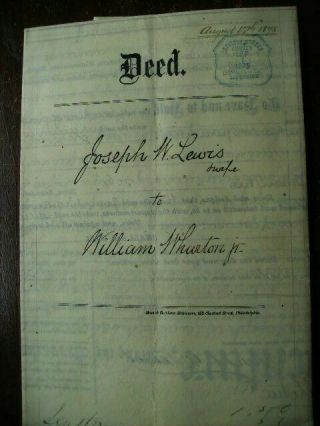 Joseph W.  Lewis & William Wharton Jr.  1875 Deed Philadelphia Pa Genealogy
