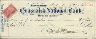 Antique Cancelled Check Quassaick National Bank Newburgh York 1899