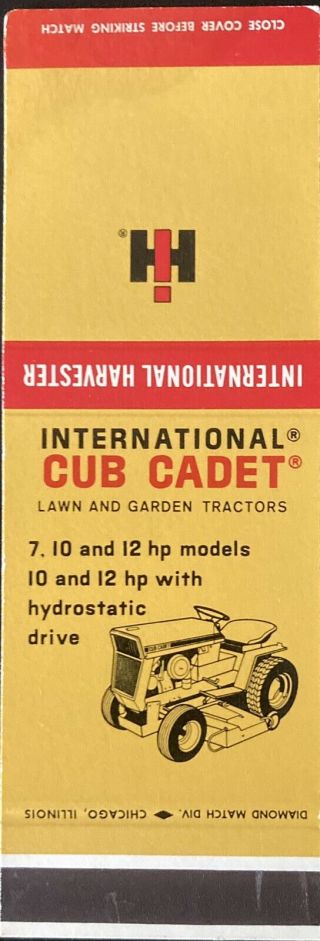 Matchbook Cover International Harvester Co.  Cub Cadet Lawn And Garden Tractors