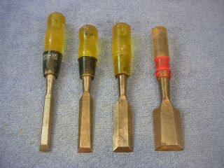 4 Pc Mixed Set Of Vtg Wood Chisels 1/2,  3/4,  1,  1 - 1/2 Stanley,  Buck Bros,