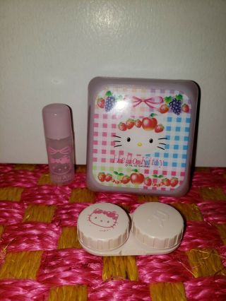 Cute Pink Fruit Hello Kitty Mirrored Contact Lens Case Soak Storage Cosmetic Box