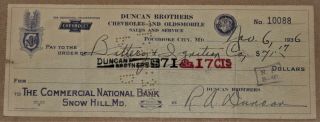 1936 Check From Duncan Brothers Chevrolet & Oldsmobile,  Pocomoke City,  Md