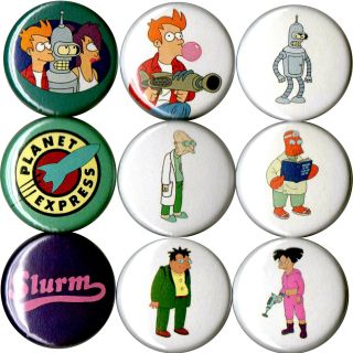 Futurama Set Of 9 Pins Buttons Fry Bender Leela Zoidberg Professor Amy Hermes