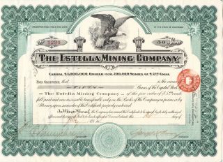 Orig Attractive 1910s Estella Mining Co Share Certificate,  Colorado,  Scripophily