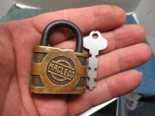 Small Miniature Old Brass Logo Padlock Lock Macle Co.  With A Key.  N/r
