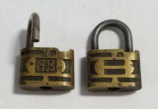 2 Vintage Small Brass Padlocks - - 1903 - - Ixl - - Eagle? Lock - - No Keys - - Look