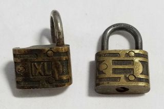 2 VINTAGE SMALL BRASS PADLOCKS - - 1903 - - IXL - - EAGLE? LOCK - - NO KEYS - - LOOK 2