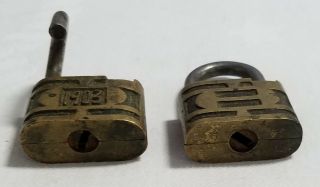 2 VINTAGE SMALL BRASS PADLOCKS - - 1903 - - IXL - - EAGLE? LOCK - - NO KEYS - - LOOK 3