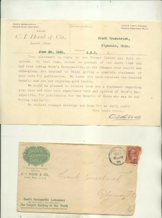 1895 C I Hood & Co Lowell Ma Advertising Letterhead & Cover Sarsaparilla