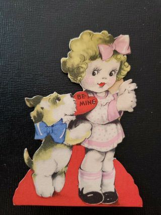 Vtg Gibson Valentine Greeting Card Diecut Girl Scottie Terrier Dog J.  G.  Scott 30s