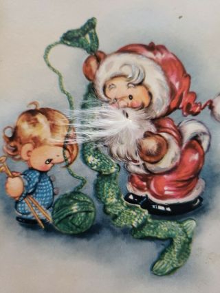 Vtg Christmas Greeting Card Santa Feather Beard Child Knit Stocking Mom 1940s?ag