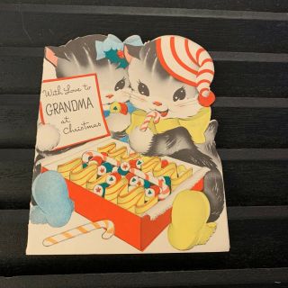 Vintage Greeting Card Christmas Volland Grandma Cat Kitten Friends Candy