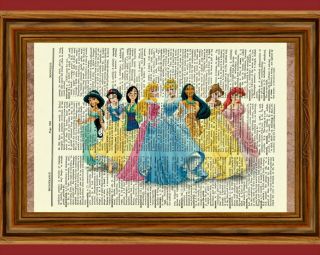 Disney Princesses Dictionary Art Print Ariel Cinderella Belle Snow White Mulan