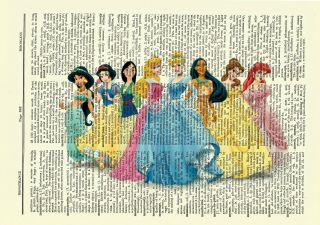 Disney Princesses Dictionary Art Print Ariel Cinderella Belle Snow White Mulan 2