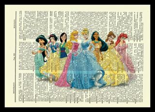 Disney Princesses Dictionary Art Print Ariel Cinderella Belle Snow White Mulan 3