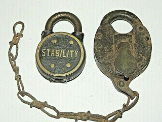 (2) Antique Vintage Cast Iron & Brass Padlocks,  No Key,  Stability