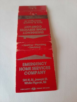Vintage Emergency Home Services Co.  White Pigeon Michigan Matchbook Cover