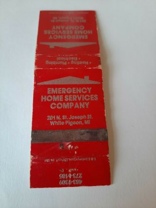 Vintage Emergency Home Services Co.  White Pigeon Michigan Matchbook Cover 2