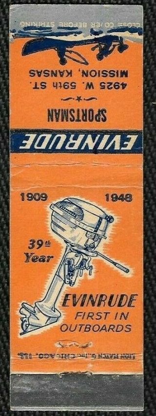 Matchbook Cover - Evinrude Outboard Motors - Sportsman - Mission,  Ks - 1948