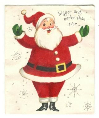 Vintage Christmas Greeting Card Fuzzy Santa Claus 1950 