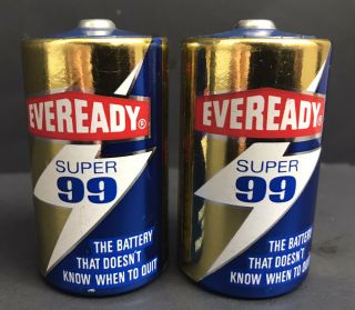 Two Vintage Eveready " 99” D Cell Batteries “.  Doesnt Know When To Quit”
