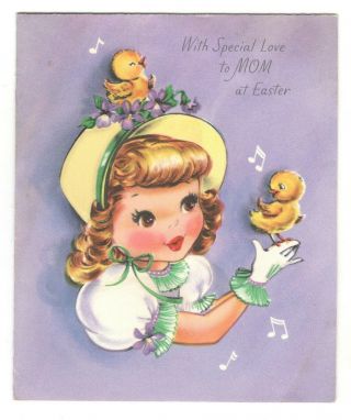 Vintage Greeting Card Easter Sweet Girl Holding Baby Chicks 1950 