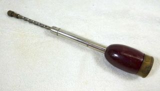 Vintage Wood Handle Push Drill 8 - 1/2 " Brass Knurled Turn Knob