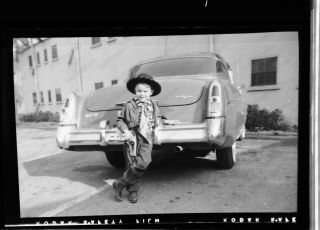 1950s Candid Of Boy In Cowboy Outfit With Car Vintage 2 " Photo Negative A1p5