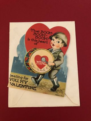 Vintage Valentines Day Greeting Card Boy In Uniform With Toy Drum 1930s