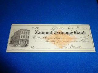 1882 National Exchange Bank,  Tiffin,  Oh Bank Check On Scott Rn - G1