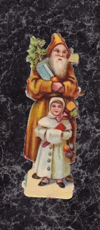 Victorian Die Cut Scrap Little Girl & Santa Claus In Brown Suit Christmas 3.  5x1 "