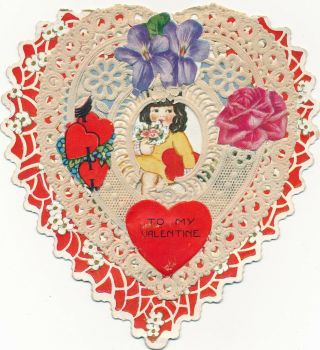 Vintage Valentine Card Die Cut Hearts Cute Girl Lace Flowers Boy In Sailor Suit