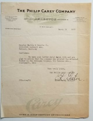 1930 Letterhead Cleveland Ohio The Philip Carey Company Asbestos Advertising