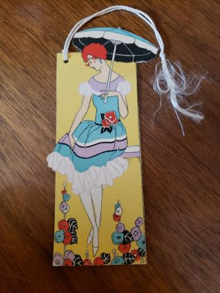 1920 Art Deco Parasol Girl Vintage Tally Card April Showers Spring Flowers