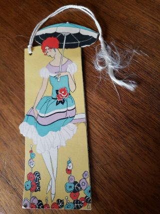 1920 Art Deco Parasol Girl Vintage Tally Card April Showers Spring Flowers 2