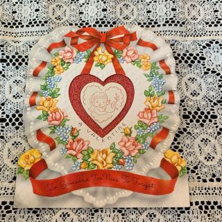 Vintage Greeting Card Valentine Heart Cupid Red Ribbons