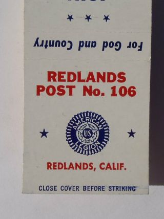 1950s? American Legion Post No.  106 Redlands Ca San Bernardino Co Matchbook