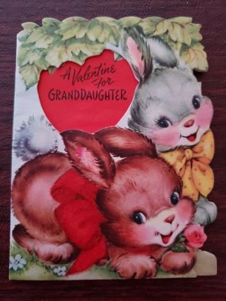Vtg Gibson Valentine Greeting Card Bunnies Pink Blue,  J.  C.  Sax " Granddaughter " 50s