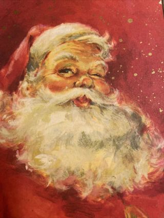 Vintage Christmas Card Mcm Santa Claus Face Red Gold Flecks Winking
