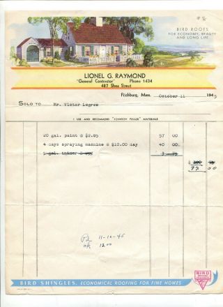 Color Letterhead 1945 Lionel Raymond Gen Contractor Fitchburg Ma Bird Shingles