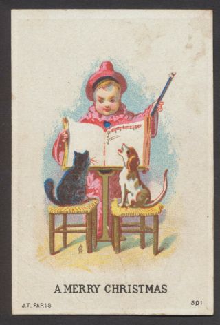 C7714 Victorian Xmas Card: Clown Teaching Dog & Cat To Sing
