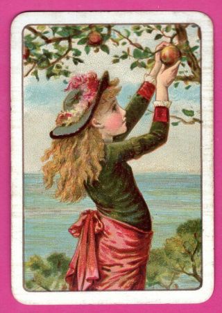 1 Single Swap Playing Card Pretty Young Girl Picks Apples Child Art Old Vintage